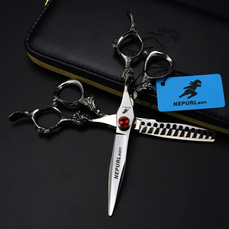 6.0inch JP440C sword-shaped dragon handle red diamond high screw hair shears sharp comfortable ideal for salons or household