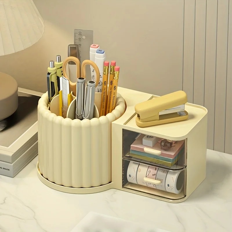 

1pc Desktop Rotating Pen Holder With Drawer , Desktop Large Capacity Makeup Brush Lipstick Rack, Dressing Table Makeup Box, Off