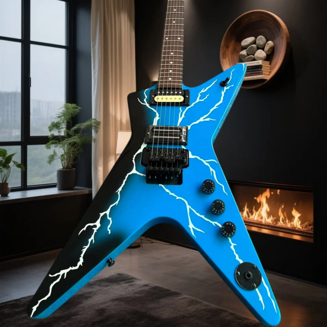 Lightning Bolt Graphic Black Half Split Body Electric Guitar Dual HB Pickups Thick Tone Full Distortion Heavy Metal Hard Rock