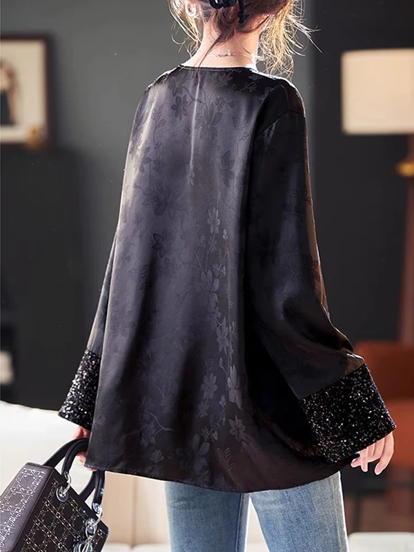 Nowa chińska luźna bluzka damska z szyfonu z kwiatowym haftem, modna, uniwersalna, z szerokim rękawem i okrągłym dekoltem, kolekcja wiosna 2025.