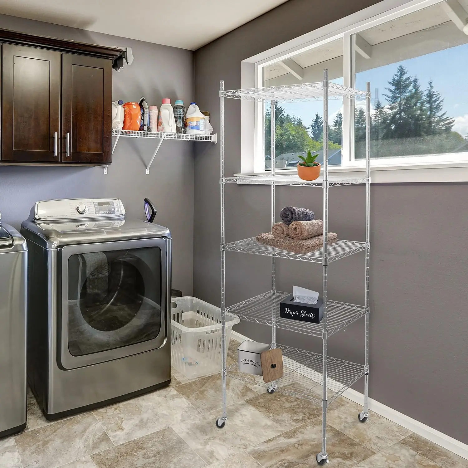5 Tier Chrome Wire Shelf on Wheels, Adjustable Metal Storage Rack for Kitchen Garage Laundry, 74