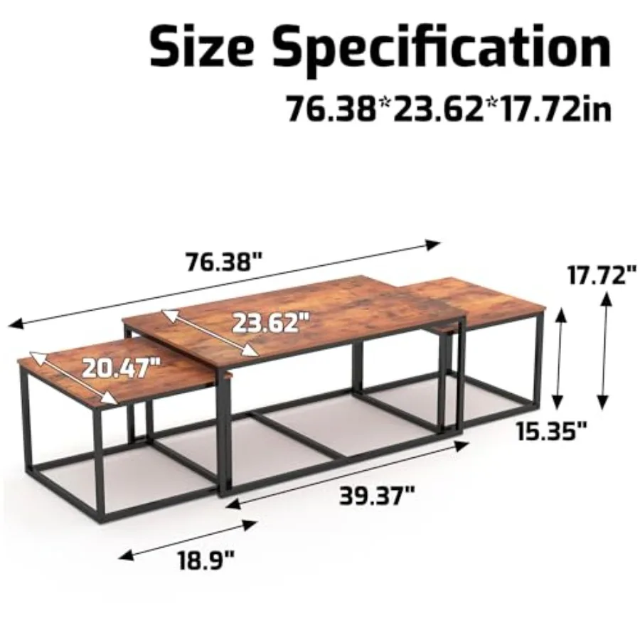 Nesting Coffee Tables, 3 Pcs Living Room Coffee Table, Industrial Rectangular Coffee Table Set, End Table Side Tables for Livin