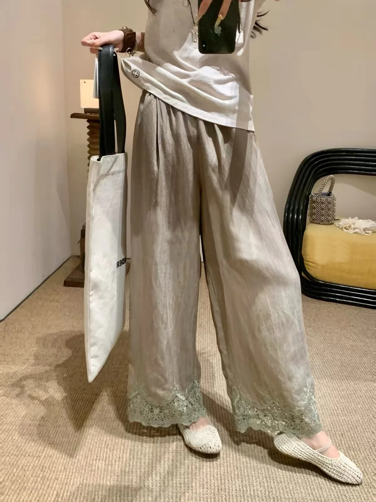 Embroidery Hollow Out Women Loose Trousers Elastic Waist Casual Female Wide Leg Pants