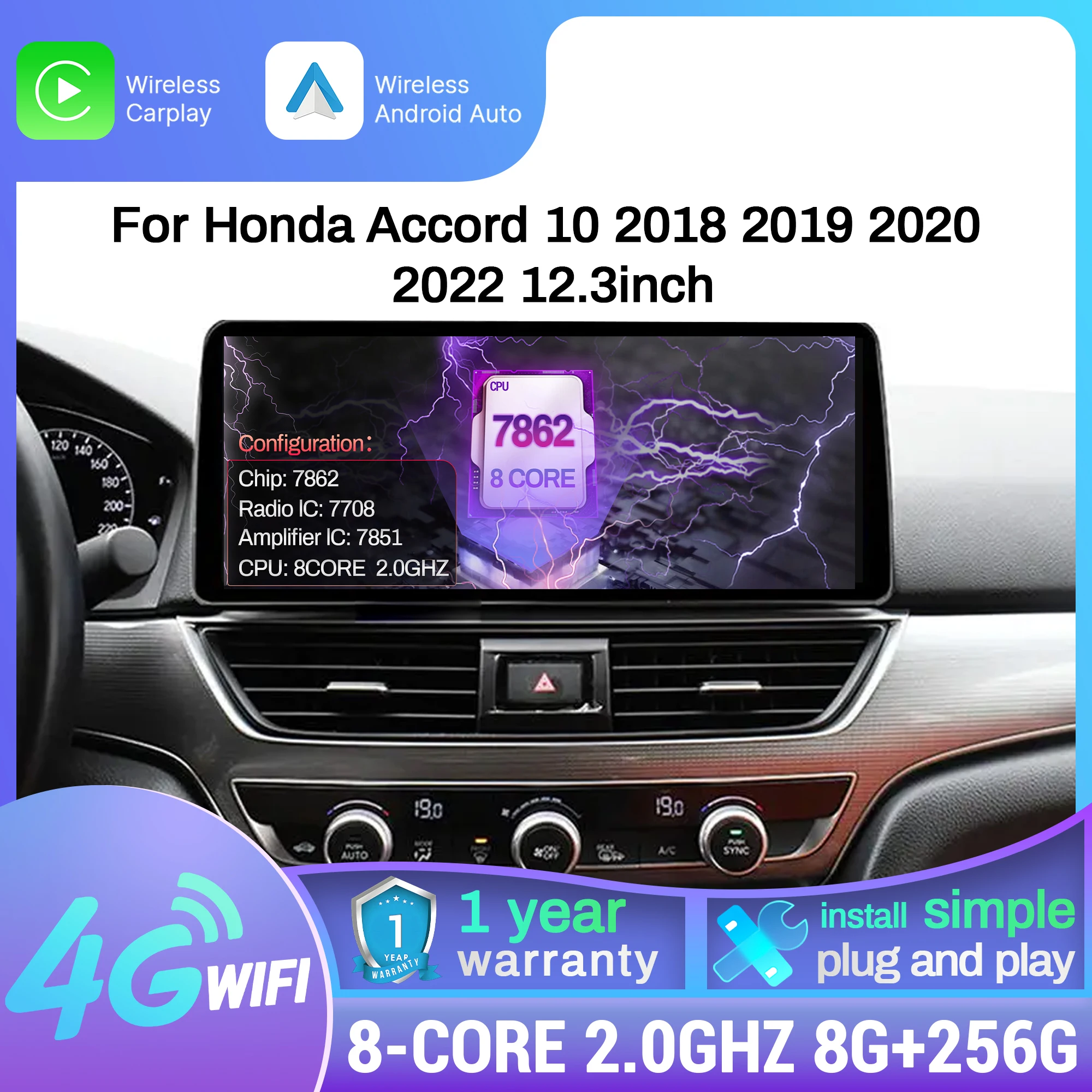 12.3 بوصة راديو السيارة أندرويد 14 الوسائط المتعددة لهوندا أكورد 10 2018 2019 2020 2022 سماعة لاسلكية تعمل بالبلوتوث Carplay رئيس وحدة الشاشة #1
