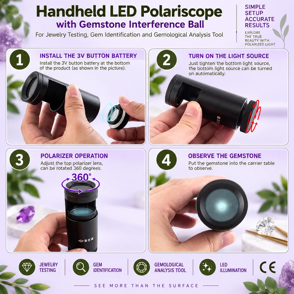 Handheld LED Polariscope with Gemstone Interference Ball for Jewelry Testing, Gem Identification and Gemological Analysis Tool