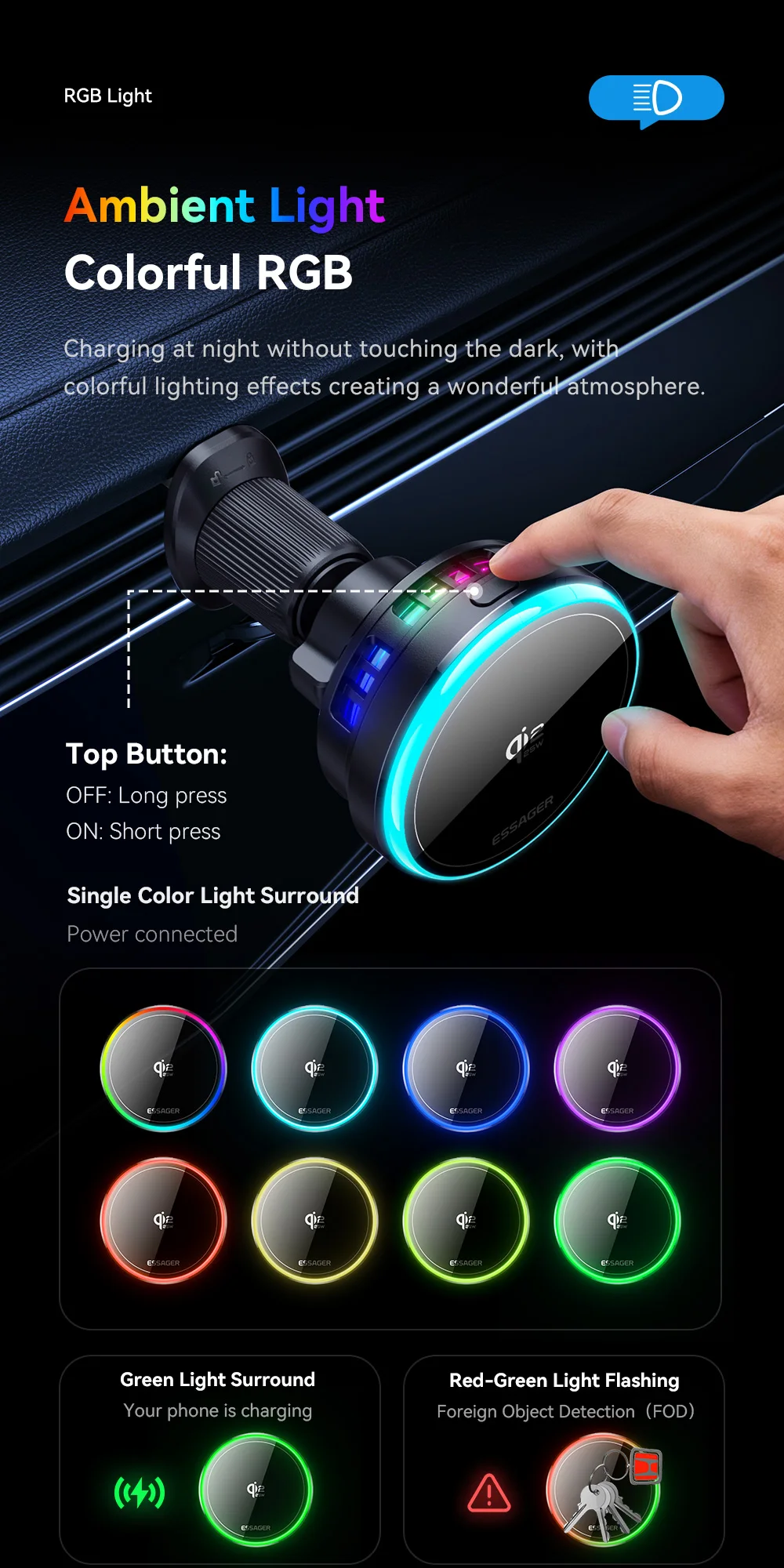 Essager 25W Magnetisches Kabelloses Autoladegerät für Huawei Xiaomi iPhone 17 16 Pro MacSafe RGB Auto-Handyhalterung Schnelle Ladestation – Detail 9