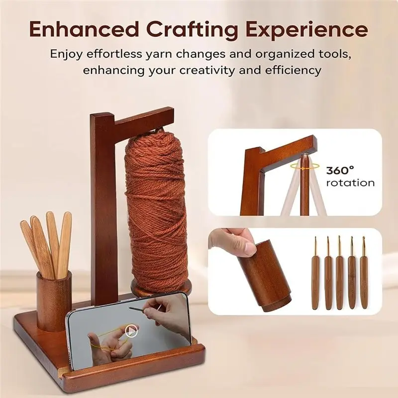 A84X-Wooden Yarn Holder With Phone Holder Wooden Yarn Holder For Crocheting Yarn Spindle And Yarn Holder Gift For Craft Lovers