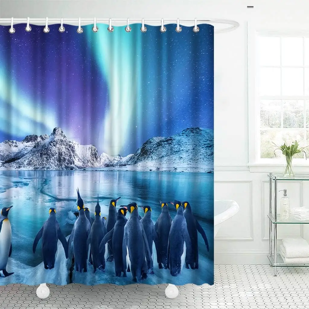 

Занавеска для душа с изображением пингвина, синяя занавеска для ванной комнаты, занавеска для ванной комнаты с изображением полярного животного Авроры, водонепроницаемая полиэфирная ткань с крючком