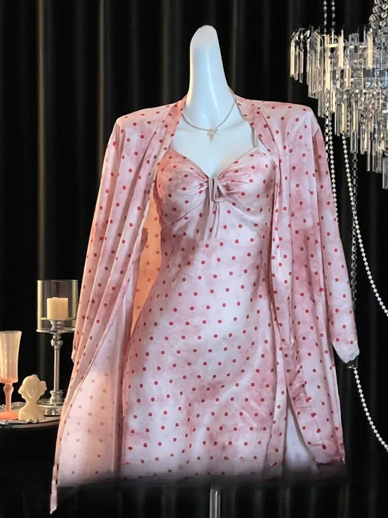 

French Princess Ice Silk Robe Set,Cooling Comfort Homewear for Women,Polka Dot Lace Nightgown with Outer Robe