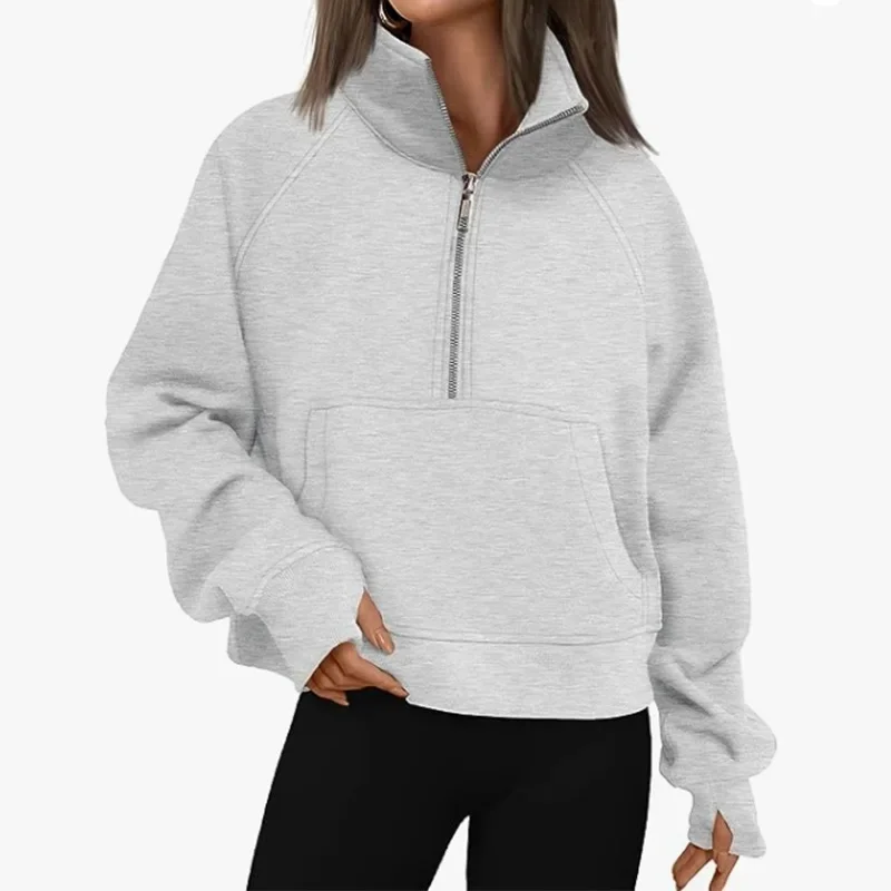 

Europe and America Autumn and Winter Loose Half Zipper Pullover Hoodie, Solid Color Stand Collar Casual Top with Pockets Women