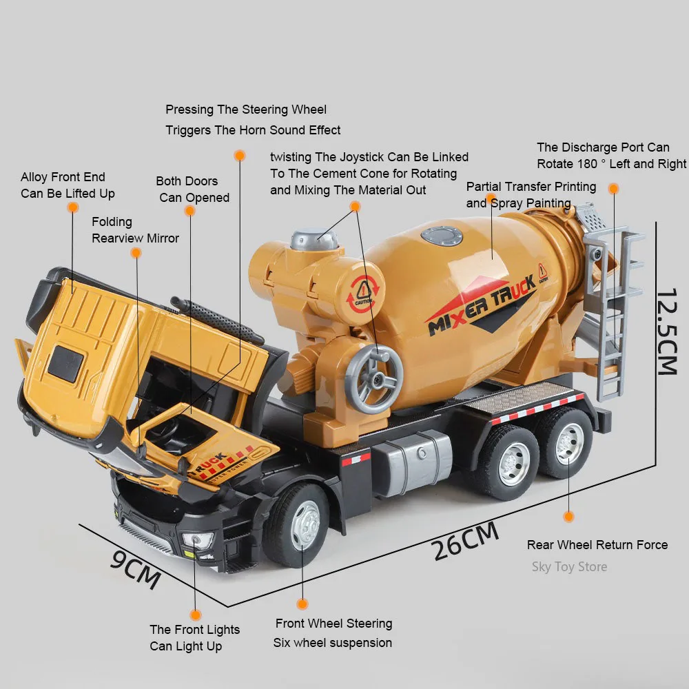 Camión mezclador de grúa de aleación 1:24, modelo fundido a presión, vehículo volquete, juguetes, puertas de coche, luz de sonido abierta, juguete en miniatura extraíble, regalo para niños