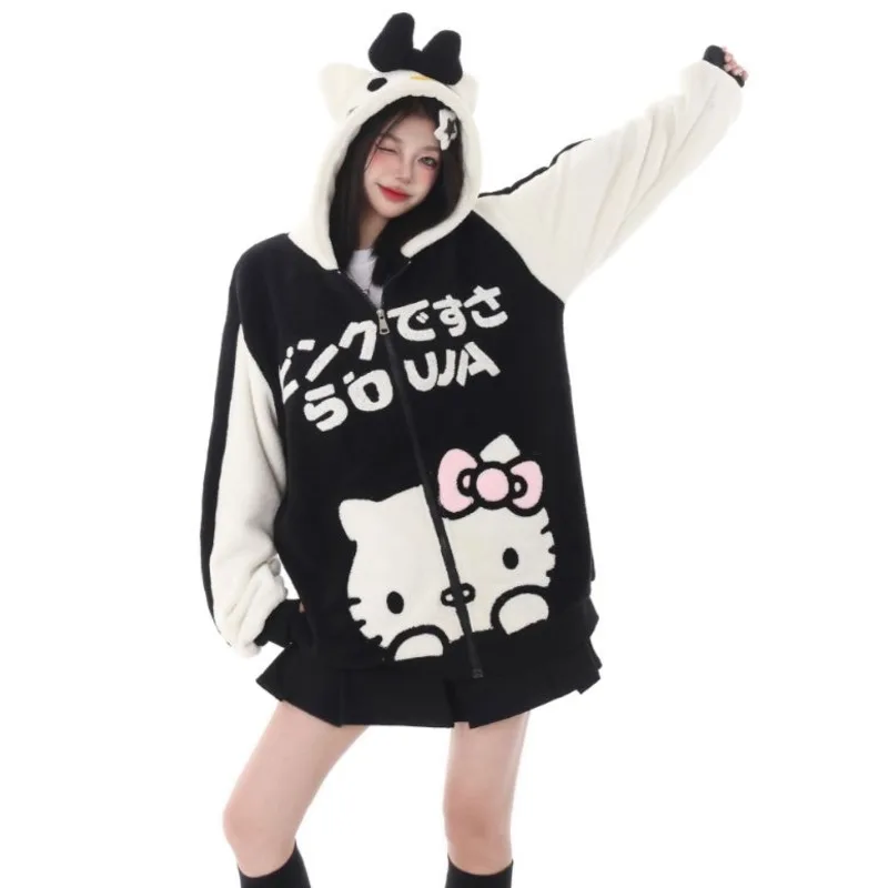 New Sanrio Hello Kitty Hoodie Zip Up Kawaii Sweater Woman Winter Sweatshirt Top Loose Long Sleeve Thickened Oversize Y2k Clothes