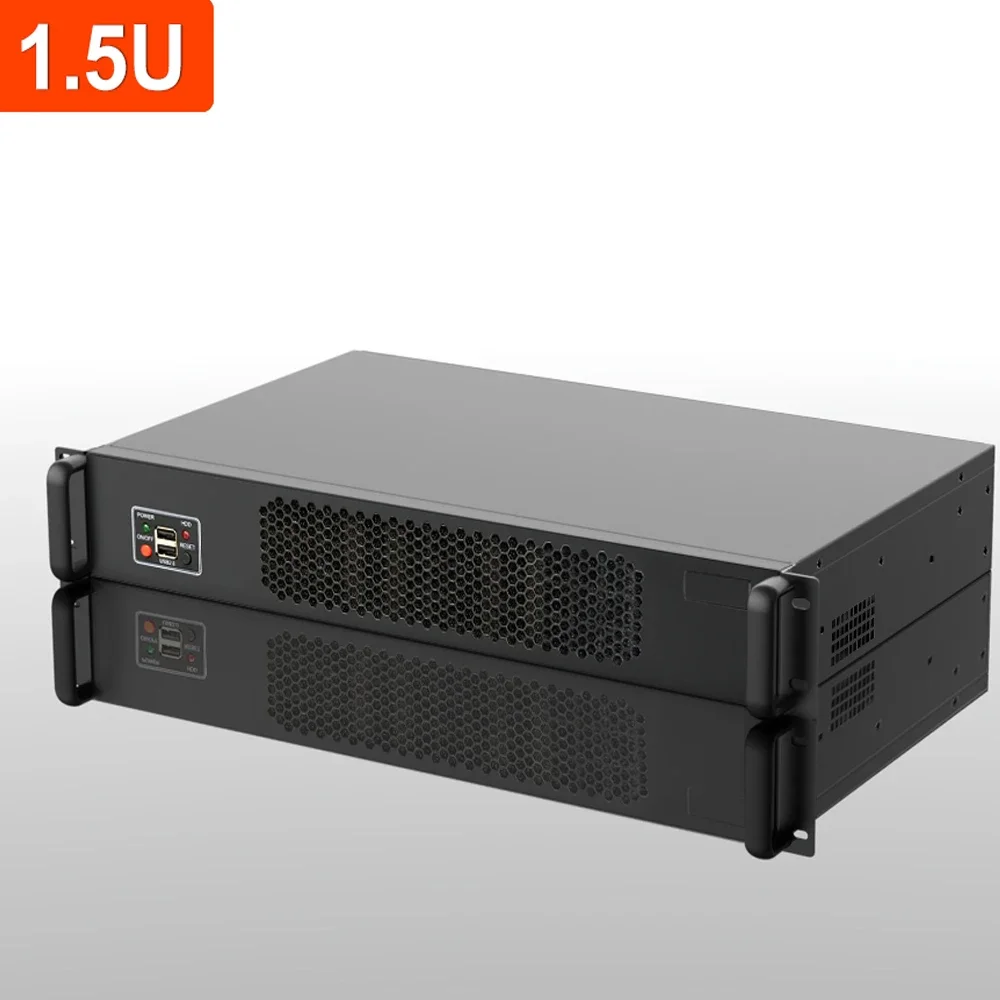 Black steel 1.5U industrial control chassis for FLEX power supplies; supports NAS and ATX motherboards; includes 6cm fan.