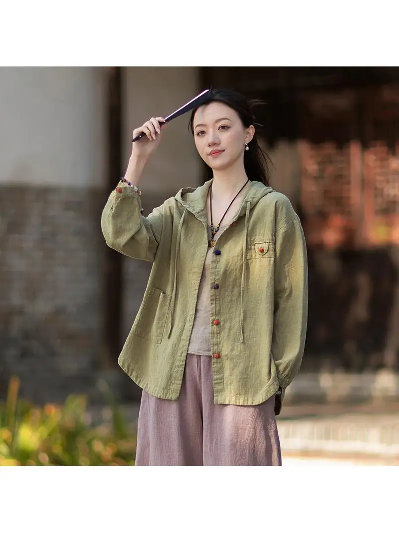 loose-casual-hooded-color-block-sun-protection-shirt-women's-washed-cotton-linen-jacket-fall-new-style-comfortable-outerwear