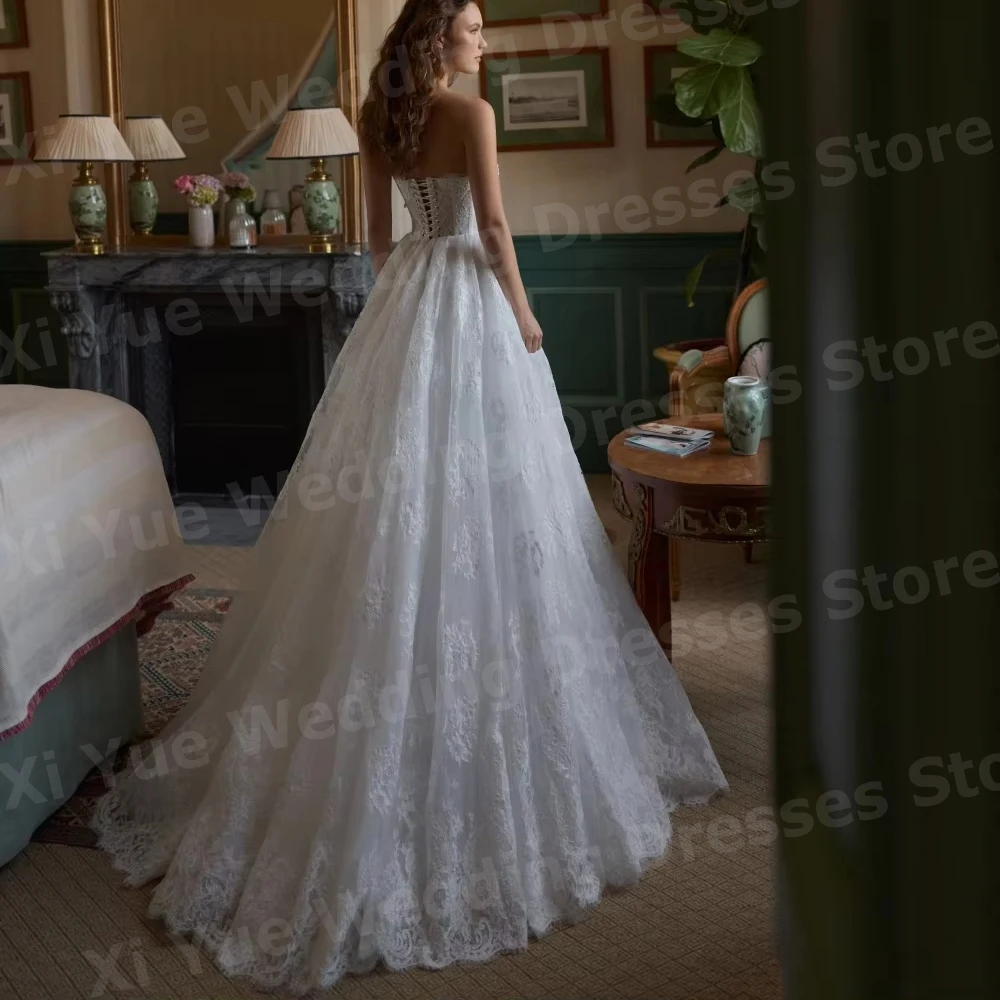 Gorgeous A Line Women's Pretty Sweetheart Lace Sleeveless Wedding Dresses Vestido De Novia Bride Gowns Customized Robe De Mariée