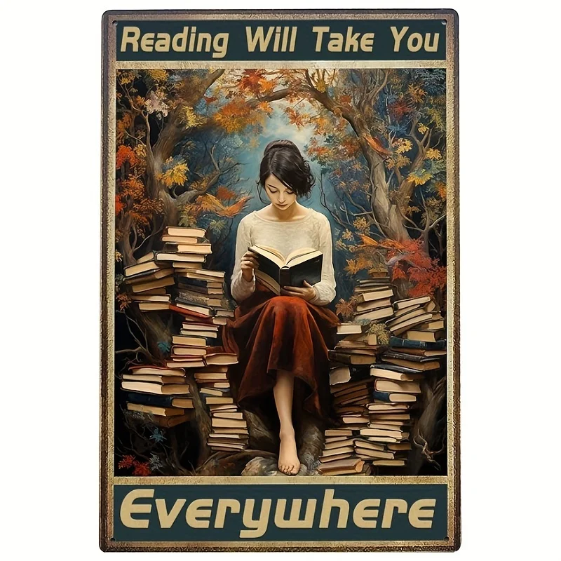 Reading Will Take You Everywhere Metal Sign, 8 * 12inch Vintage Decor Girl Reading Wall Quotes Library Wall Decor Metal Signs