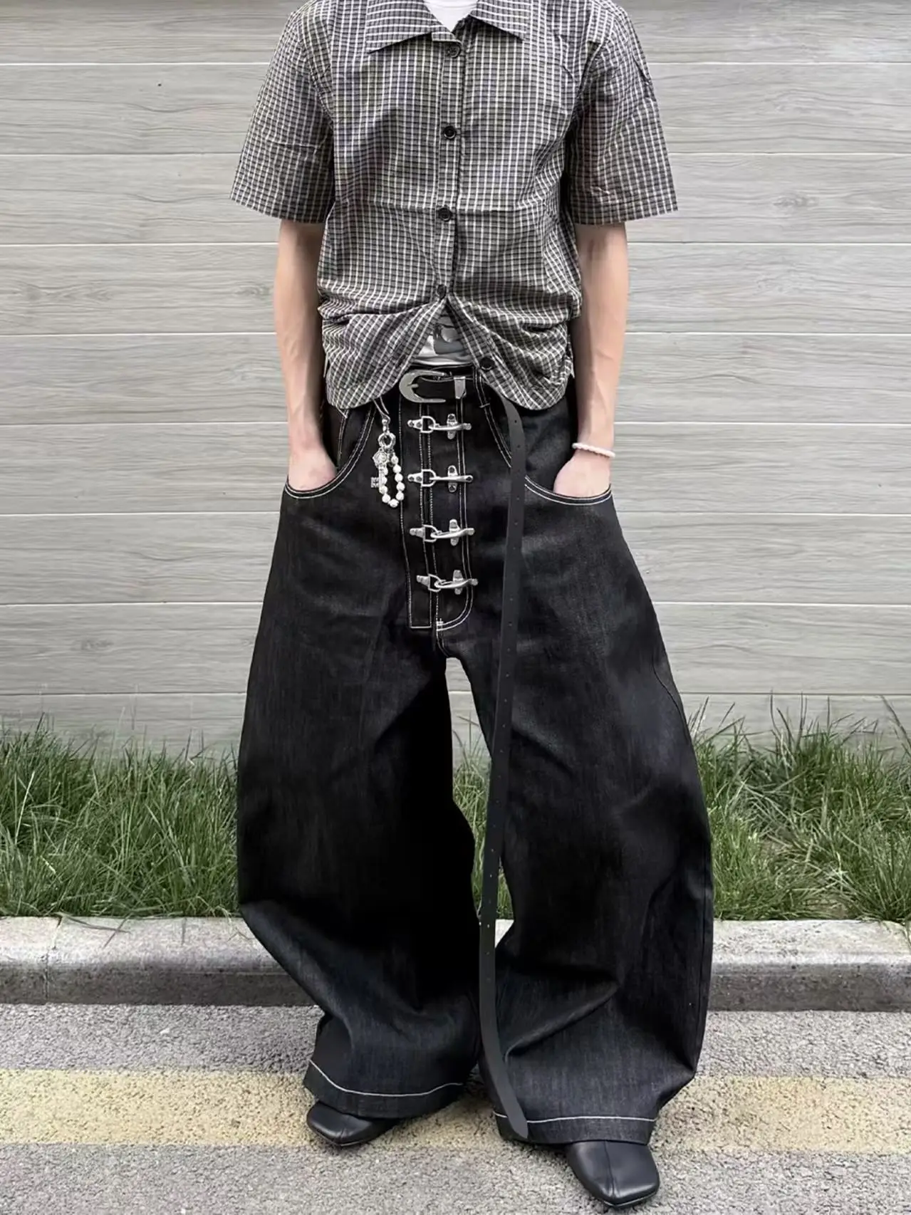 

2026 American Retro Washed Aircraft Button Scimitar Jeans Y2k Harajuku Fashion Men And Women Personalized Loose Wide Leg Jeans