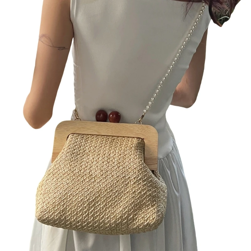 Elegante schoudertas geweven stro, houten Kiss Lock crossbodytas, strandvakantietas met afneembare parelketting voor dames