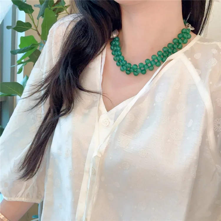 New Natural  Baroque Pearl With Green Chrysoprase Handcrafted Collarbone Necklace