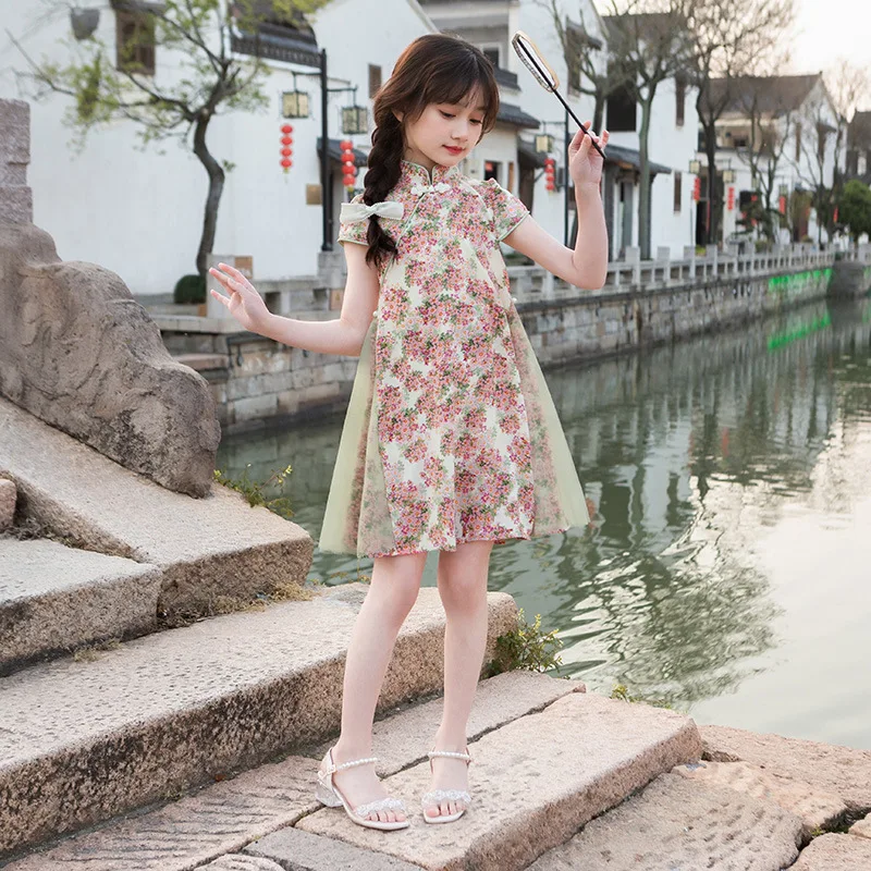 Dress Summer 2024 New Western Chinese Style Fragmented Flower Qipao Children's Clothing Girls' Princess Skirt