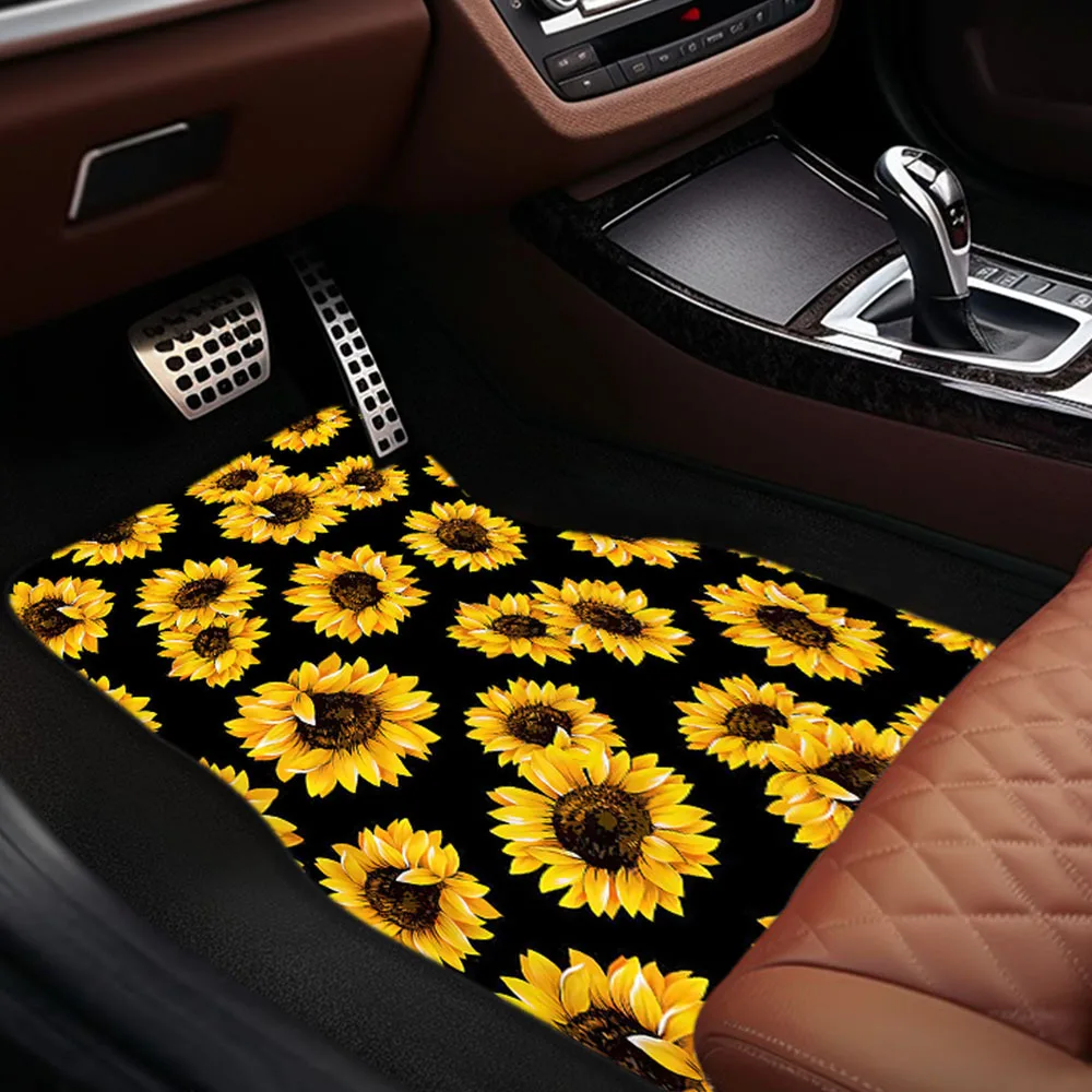 1pc/2pcs/4pcs Multifunctional Car Floor Mat Black Sole Simple Sunflower Front And Rear Seat Mat, Non-slip Decoration Anti-dirt T