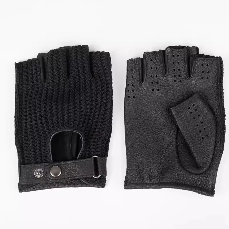 Unisex Semi-Fingers malha luvas de pele de carneiro, couro Patchwork Mittens, metade do dedo, equitação retro, condução, mulheres, homens, LSH01