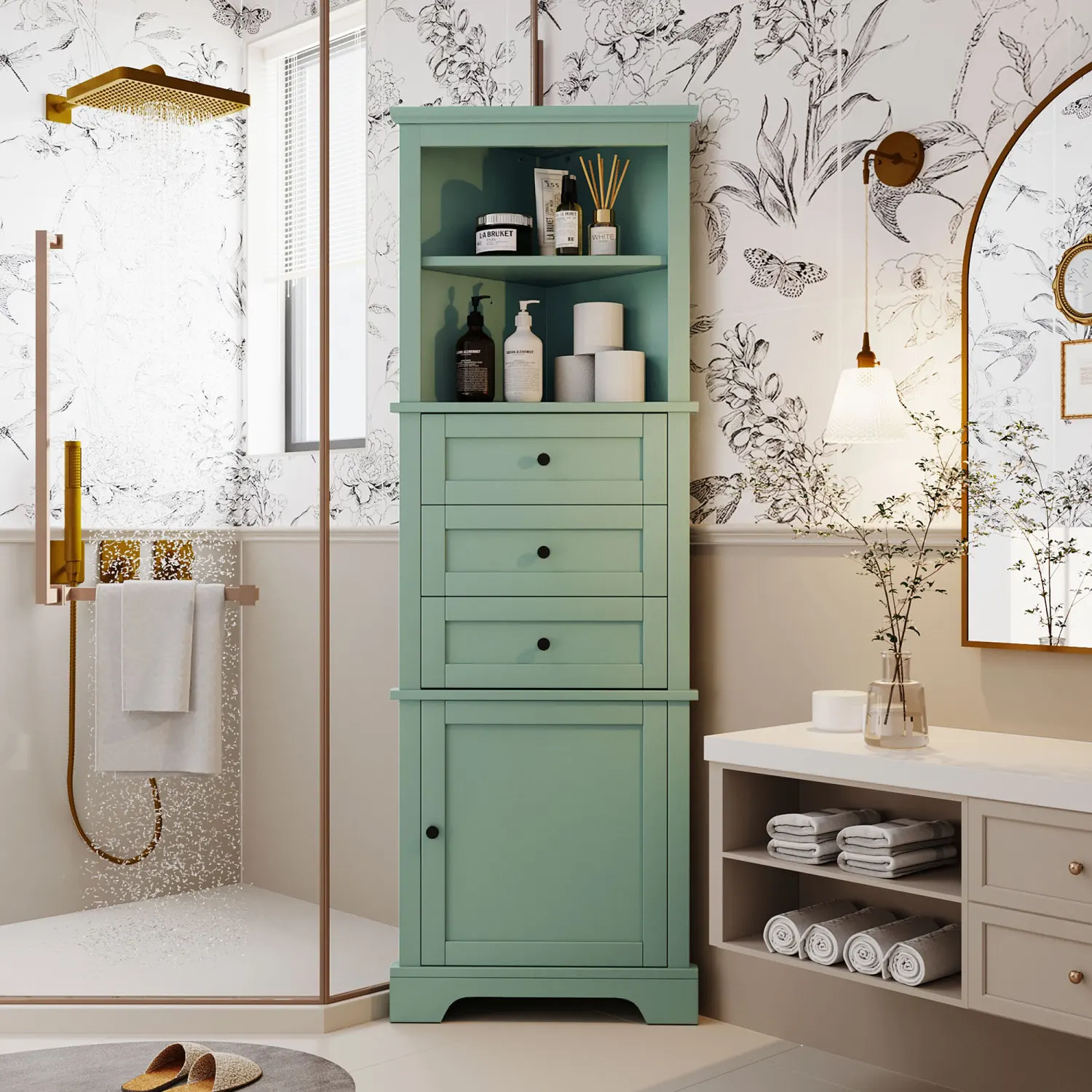 

Green Tall Cabinet with Drawers and Adjustable Shelves for Bathroom, Kitchen or Living Room, MDF Board with Painted Finish