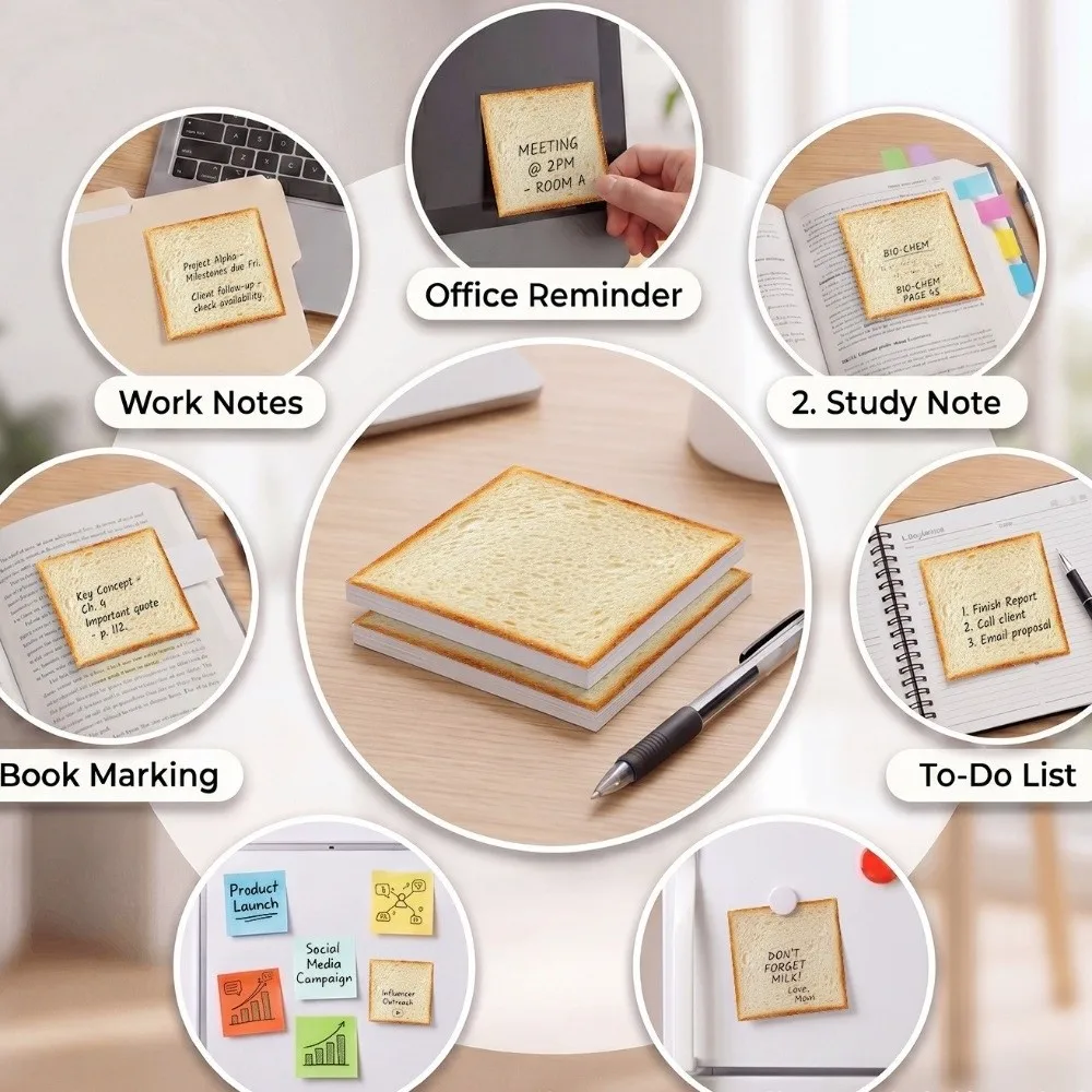 Self Stick Bread Sticky Notes Removable Adhesive 50 Sheets Toast Sticky Notes Tearable Paper Memo Sticky Notes Student Use