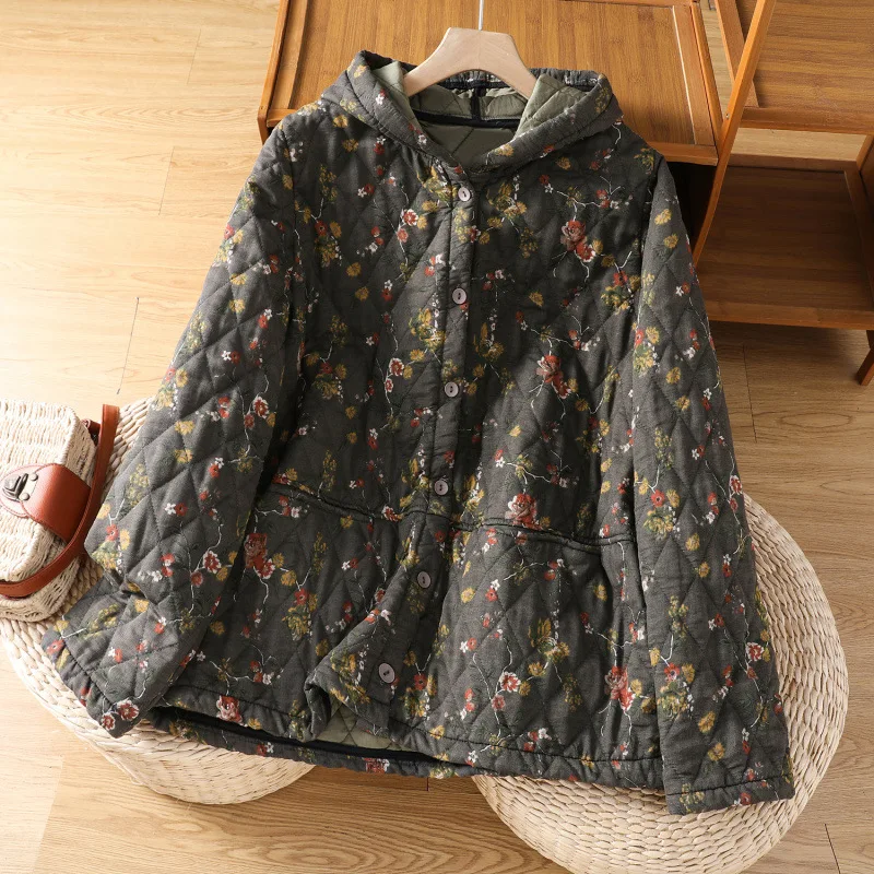 Winter Vintage Floral Print Button Front Hooded Padded Quilted Parka Women Cotton Linen Thick Warm Coat Casual Daily Outerwear