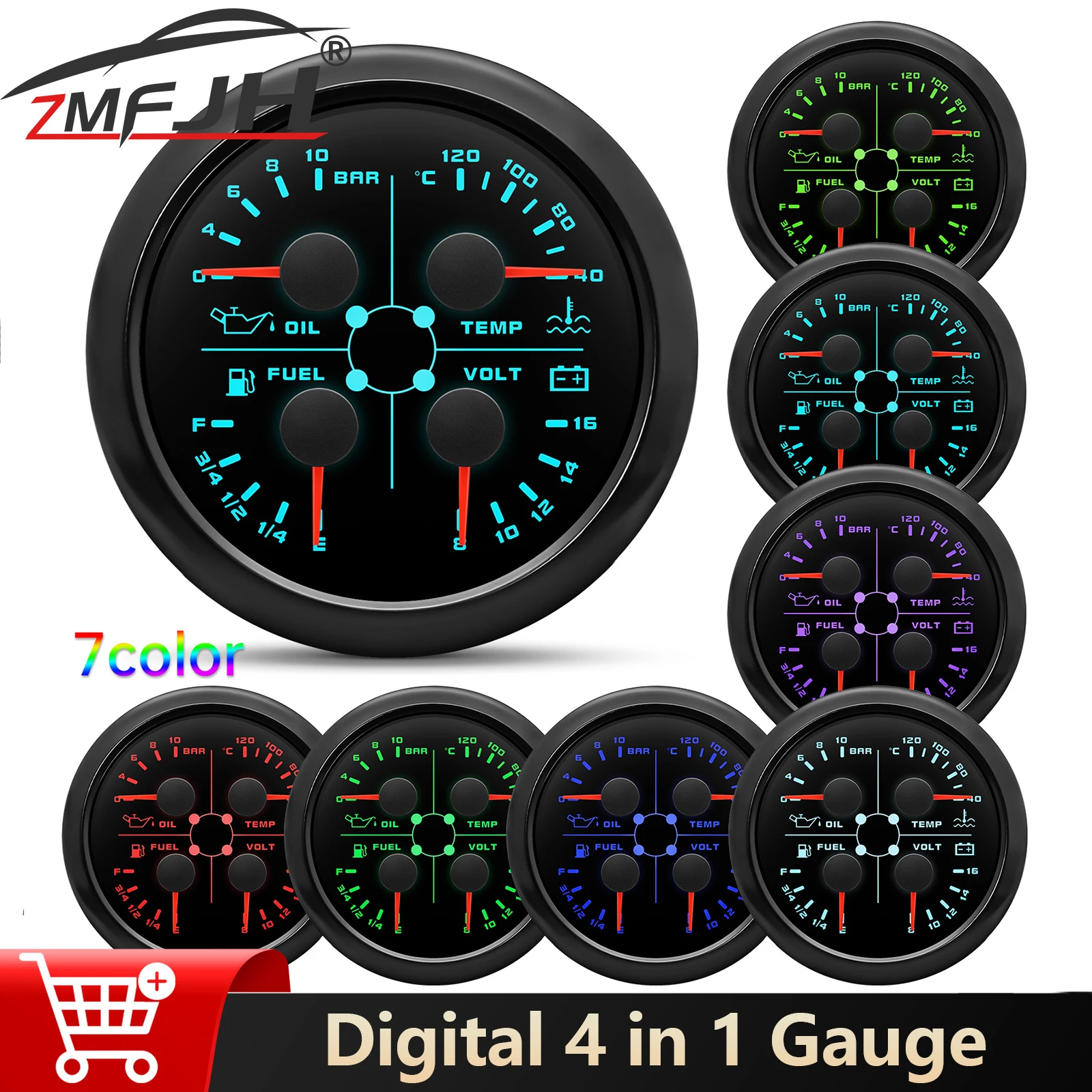

85 мм 4 в 1 автомобильный манометр давления масла, температура воды, уровень топлива, вольтметр, многофункциональный светодиодный измеритель для морской лодки, автомобиля 12 В 24 В