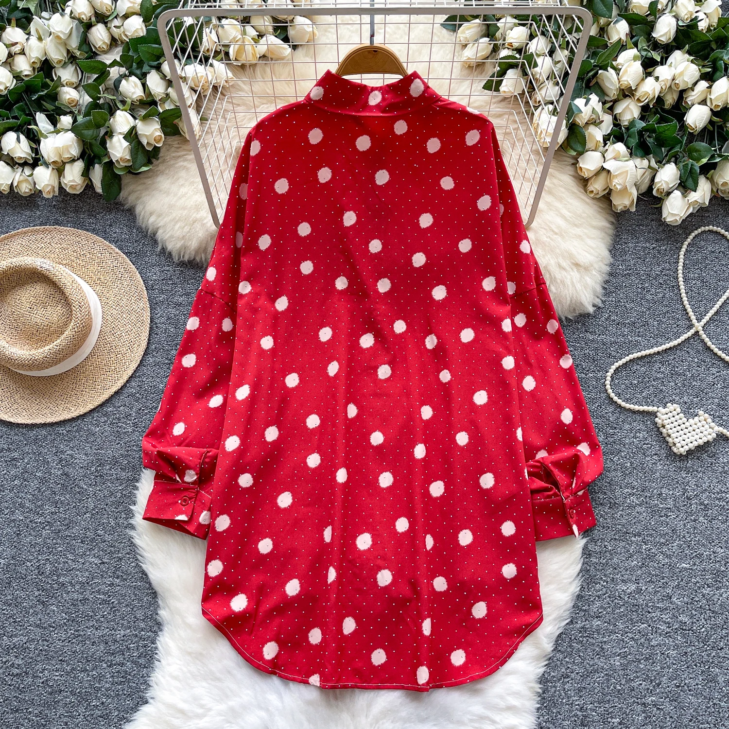 Hotsweet Vintage Polka dot button Elegant Long Sleeve Top Korean Streetwear High Street Autumn T-Shirts