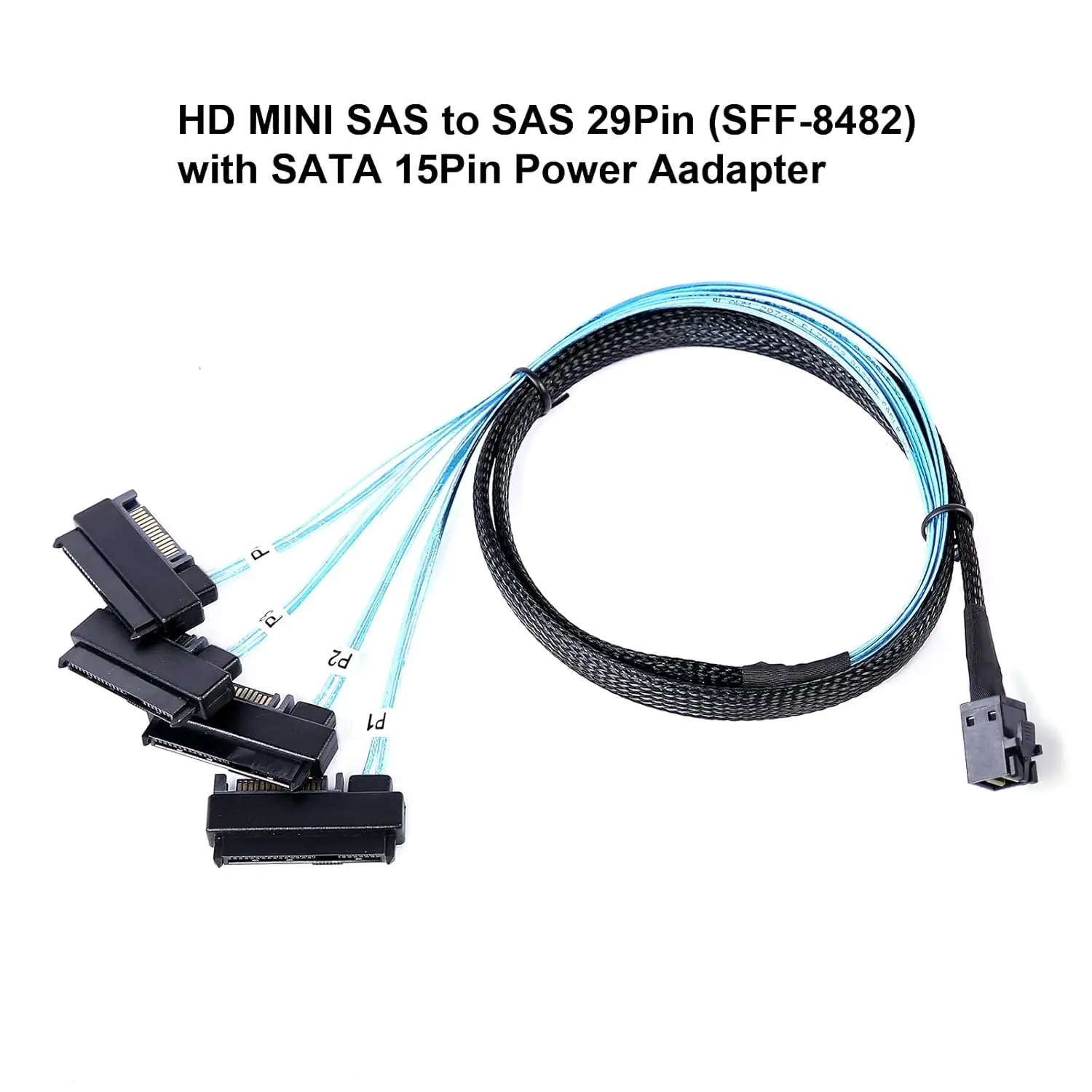 Kabel JoniSerl Mini-SAS do SAS: 1M SFF-8643 do SAS SFF-8643 do SFF-8482, 4x SFF-8482 z kablem zasilającym SATA — zdjęcie produktu 3