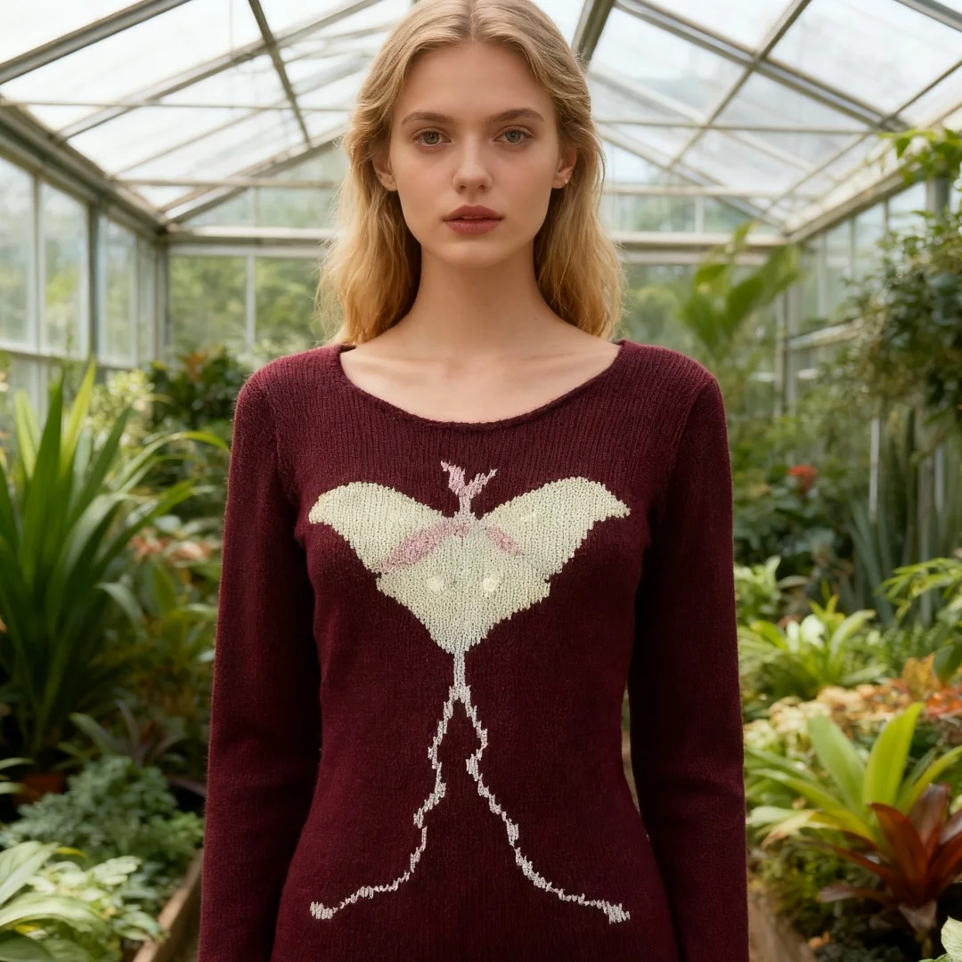 Burgundowy dopasowany sweter z dzianiny w europejsko-amerykańskim stylu z unikalnym wzorem motyla, modny dla kobiet.