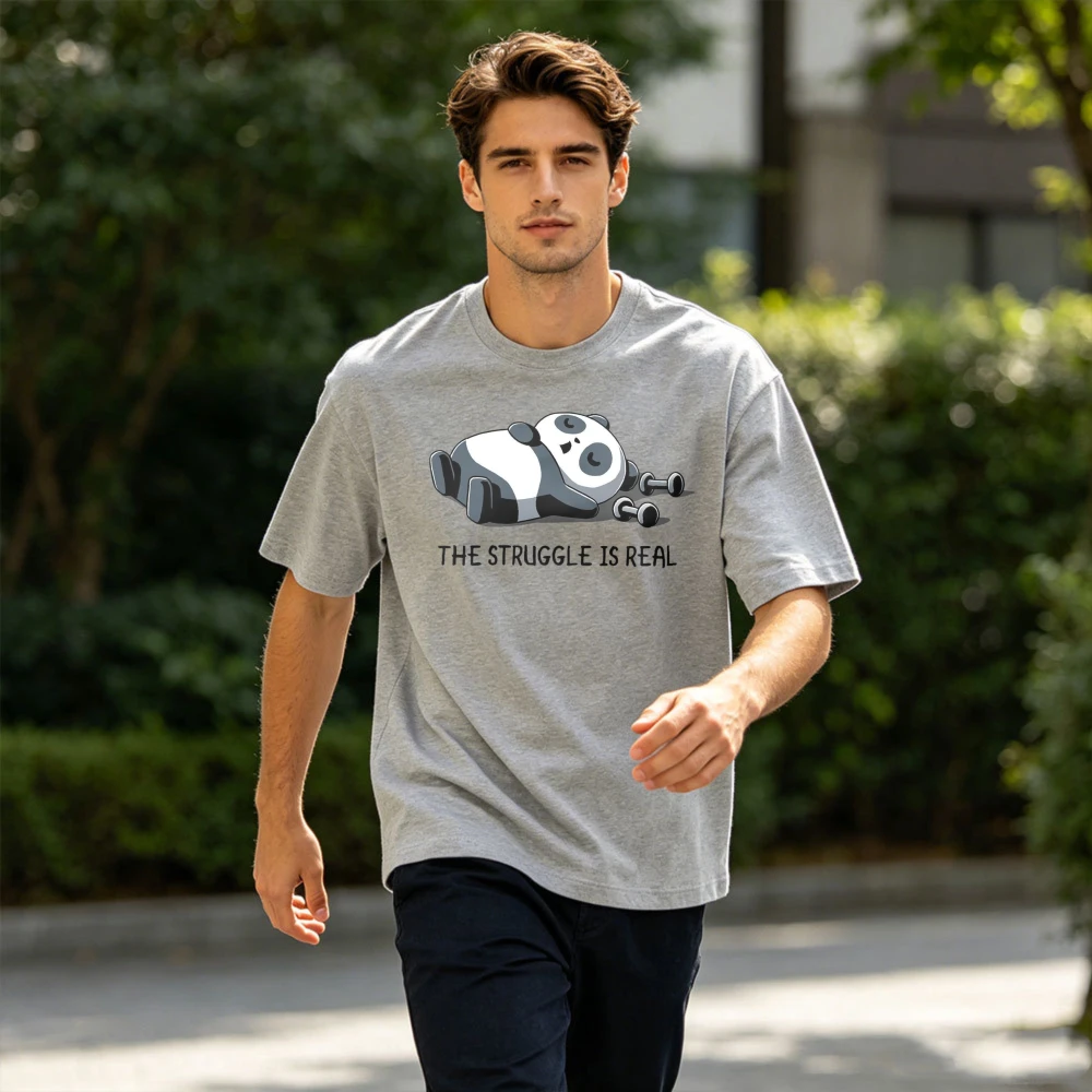 The Struggle Is Real Lazy Panda Dumbbell Graphic Men Summer Cotton T Shirt Gym Workout Humor Animal Daily Casual Top