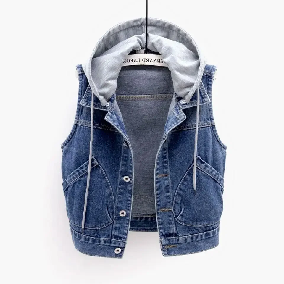 New Denim Vest Women's Spring Autumn Clothes Sleeveless Wild Tops Short Hooded Jacket Women Denim Jeans Vest Jacket Female