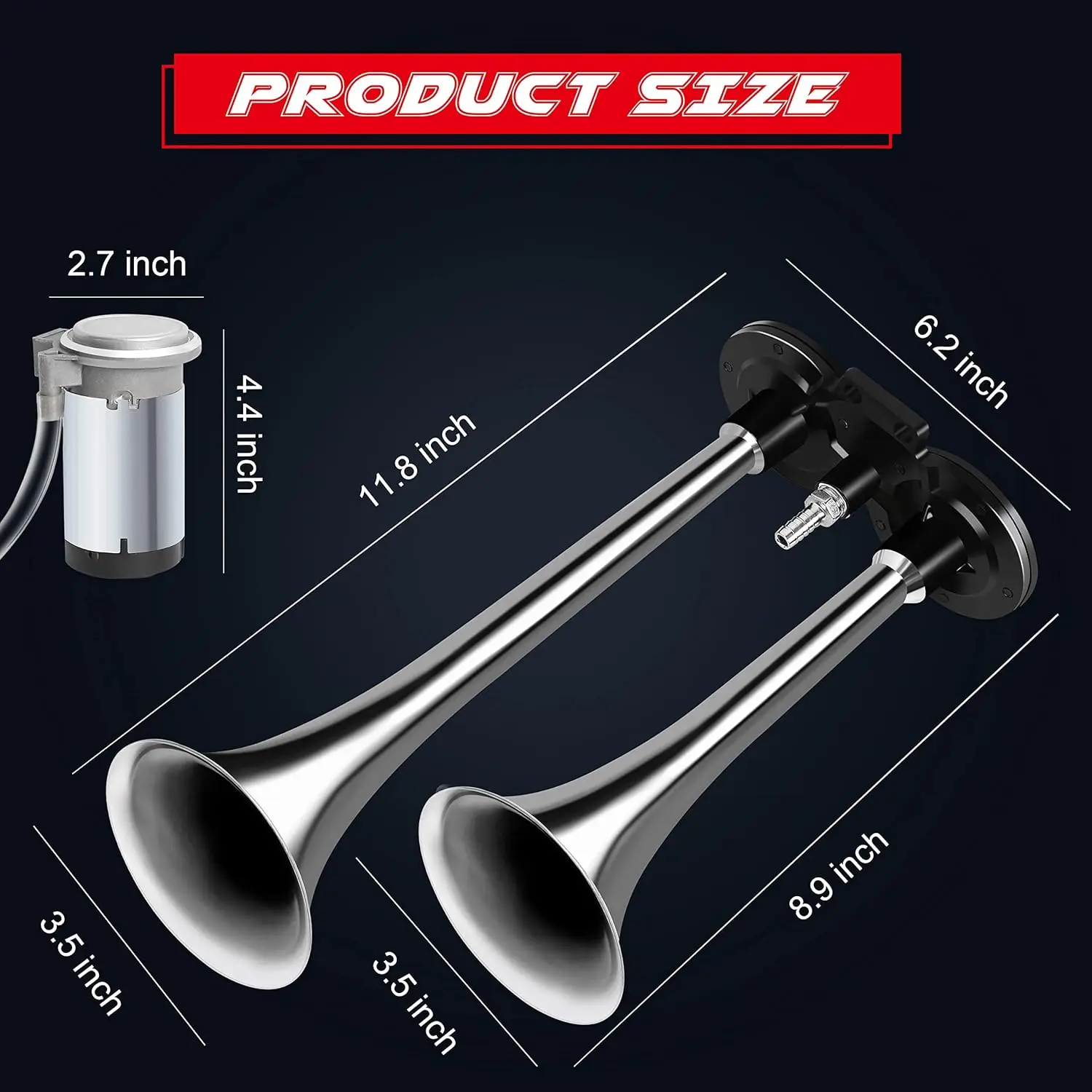 بوق هوائي لسيارة قوارب الشاحنة، طقم أبواق قطار عالية الصوت 150 ديسيبل مع 120 رطل لكل بوصة مربعة (فضي، مزدوج)