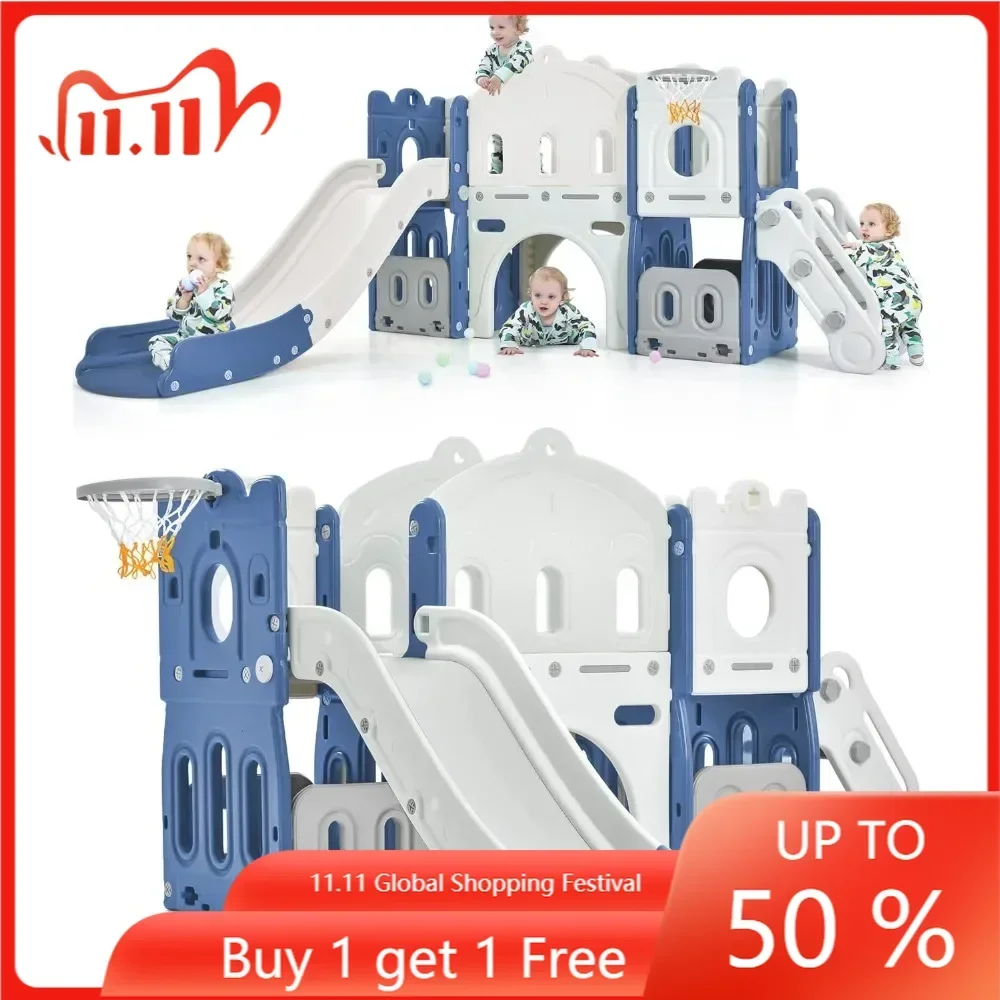 

6-in-1 Kids Slide with Climber, Basketball Hoop, Tunnel and Storage Space, Outdoor Indoor Slide Playset for Toddlers Age 1-12