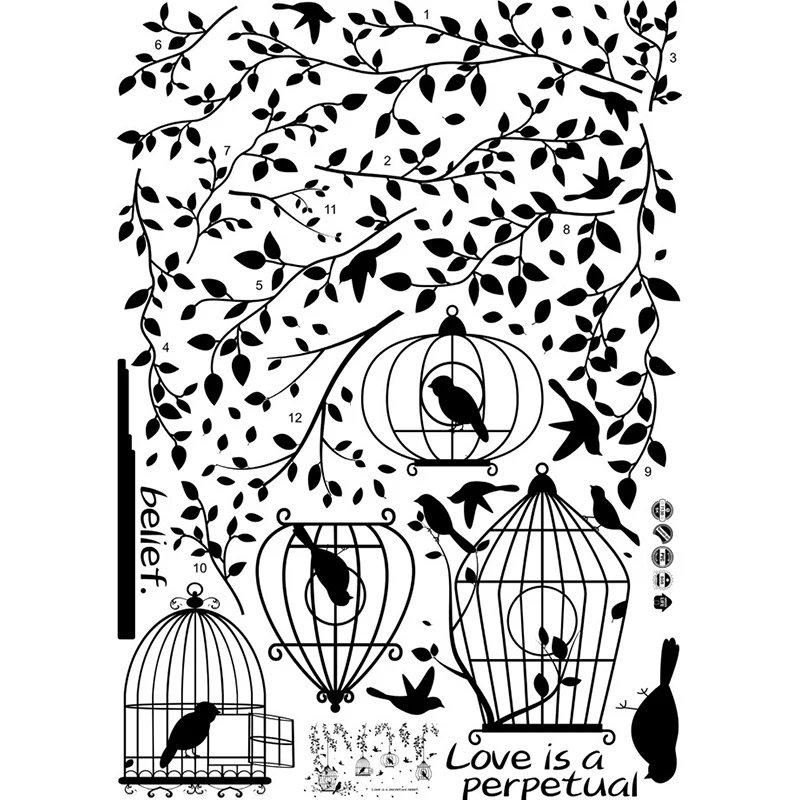 Black Garden Bird Cage Plants Tree Branch Wall Stickers Removable Living Room Wall Decals DIY Art Stickers Decoration 50x70cm