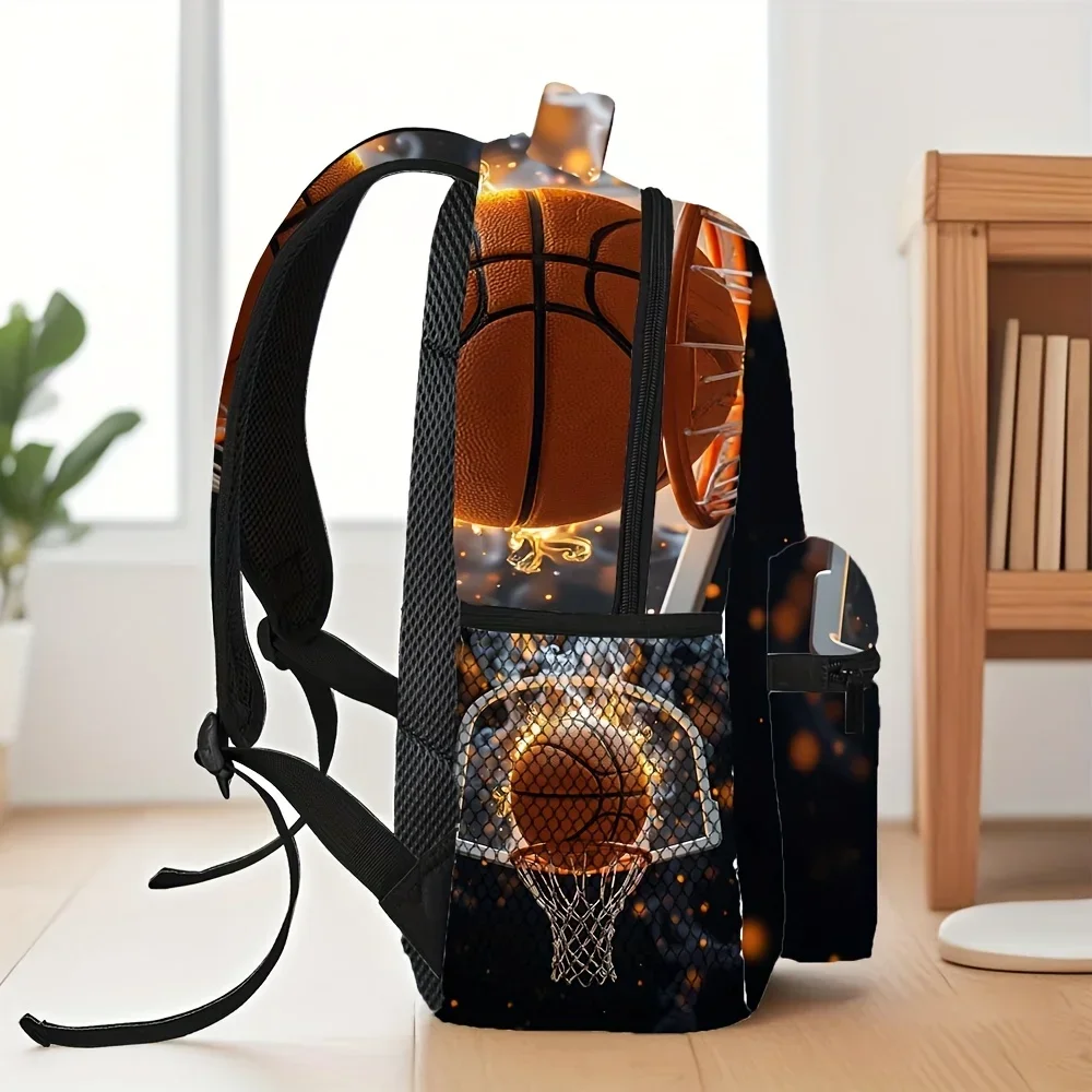 Custom Bag 1pc Dynamic Basketball Design Backpack - Lightweight & Compact, 2D Flat Printing With Flames & Hoop Illustration, Per