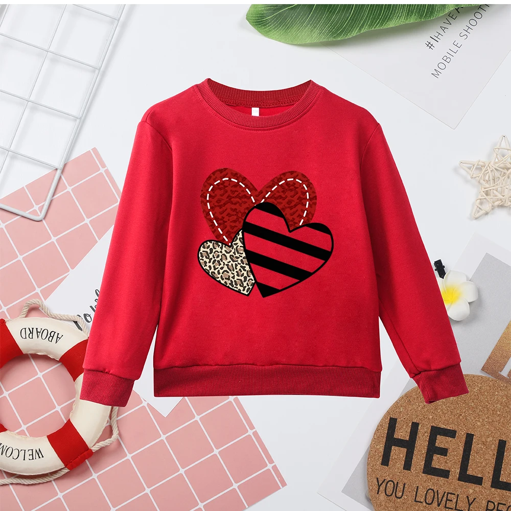 Pink High Quality Kids Sweatshirts O Neck Clothes Love Heart Print All-match Popular Trendy Child Hoodless Tops Sweater Dropship