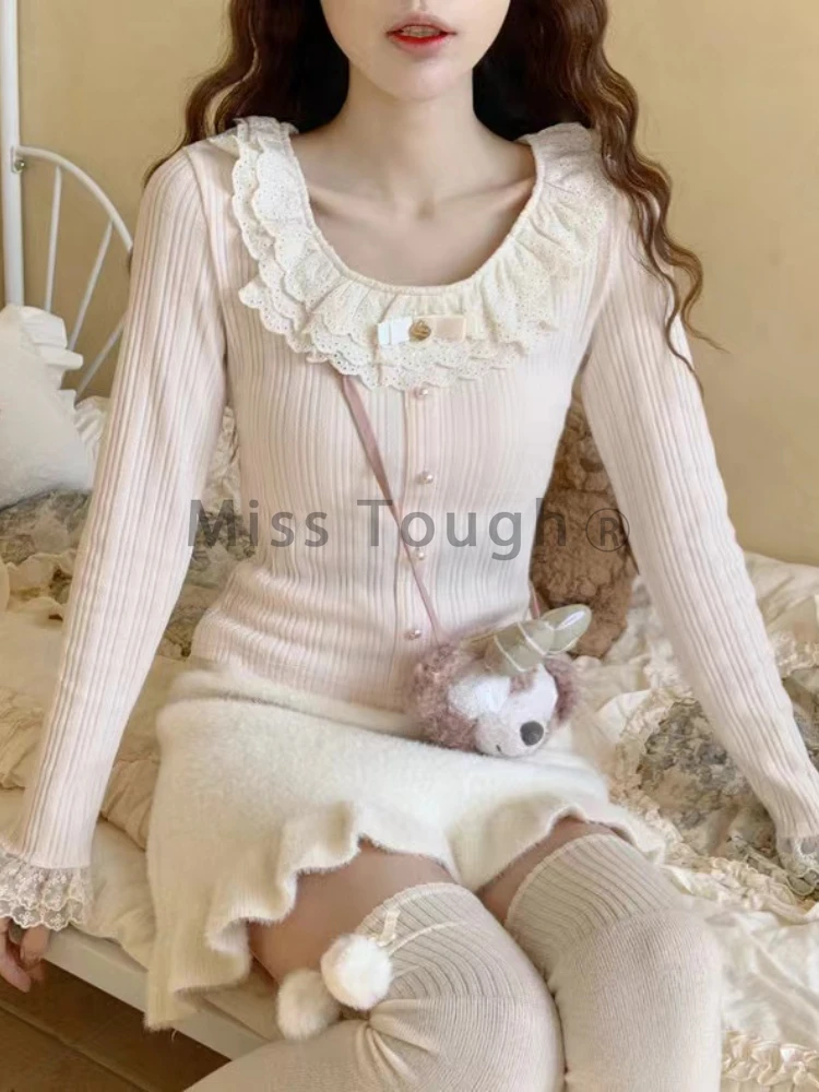 Autumn Japanese Kawaii Lolita Blouse Women Lace Knitted Korean Elegant T-shirt Female Fashion Long Sleeve Casual Design Tops New