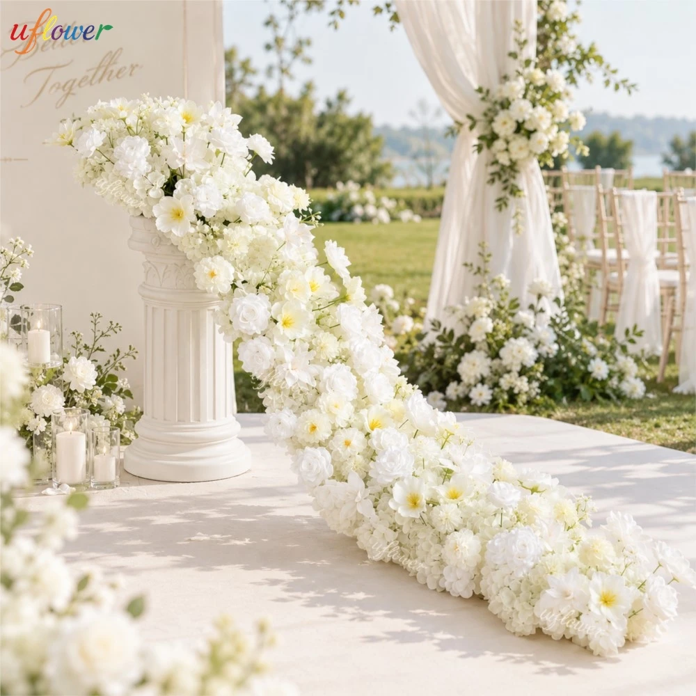 Uflower White Rose Hydrangea Artificial Flower Garland Table Centerpieces Sofa Runner Flowers Arrangement for Wedding Arch Decor