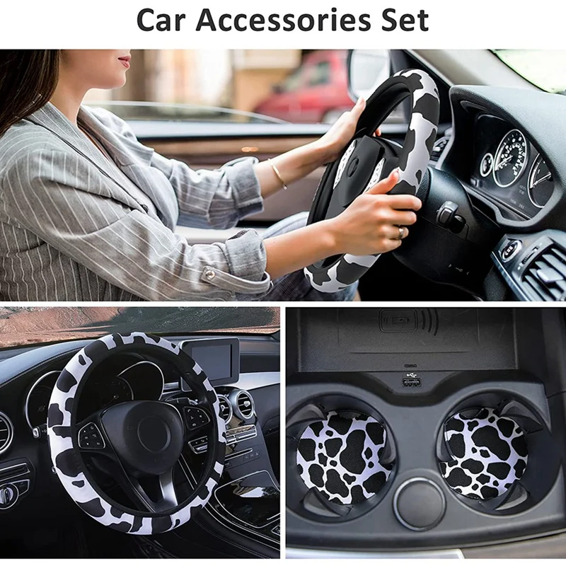 Cow Steering Wheel Cover For Women With 2PCS Car Coasters, Universal Fashion Suitable For Girls