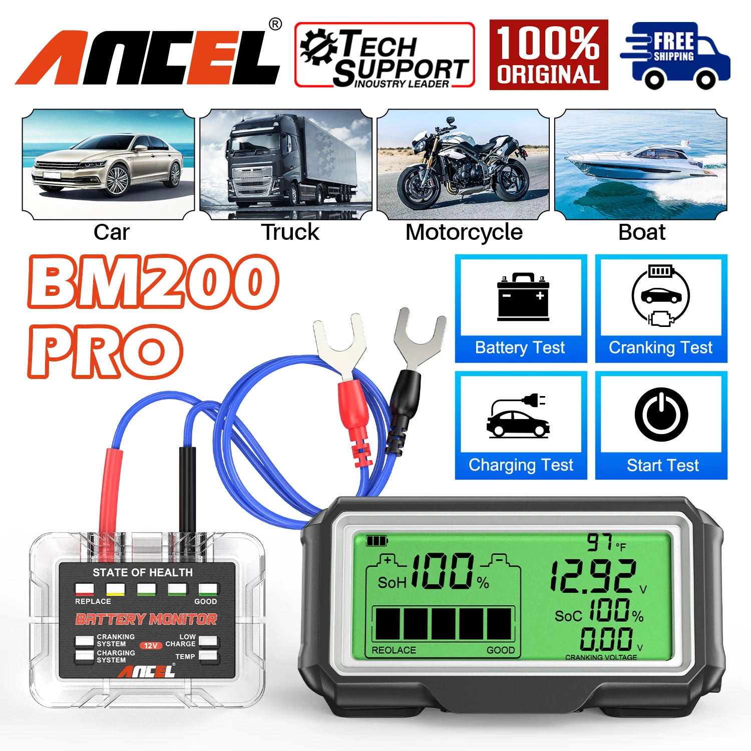 ANCEL BM200 Pro 12V Battery Tester LED Battry Monitor Display Battery Health SOH SOC Wireless Battery Analyzer Voltage Tester