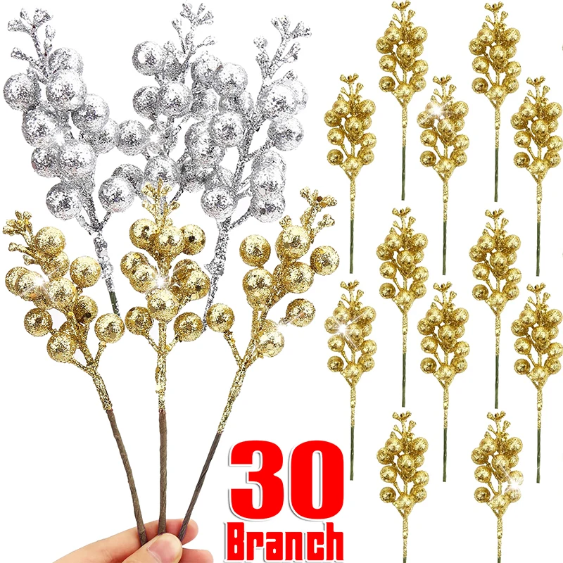 キラキラ人工ベリーの茎、金粉の泡、偽のベリーの枝、DIYクリスマスツリーホリーピック、花輪、パーティーテーブルの装飾、1〜30個