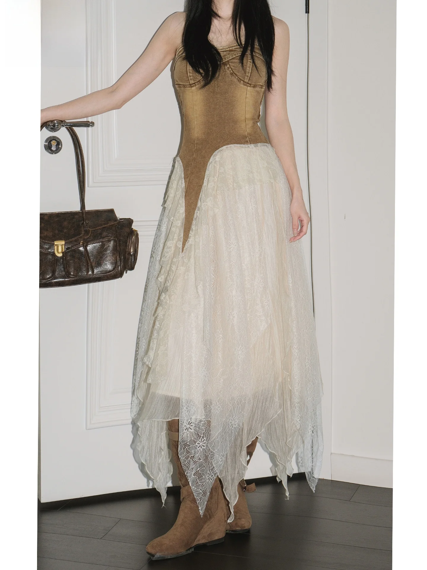 

Элегантная асимметричная юбка с кружевными вставками, женская, с завышенной талией, утягивающая, бежевая, для офиса, повседневный стиль, без А-образного силуэта