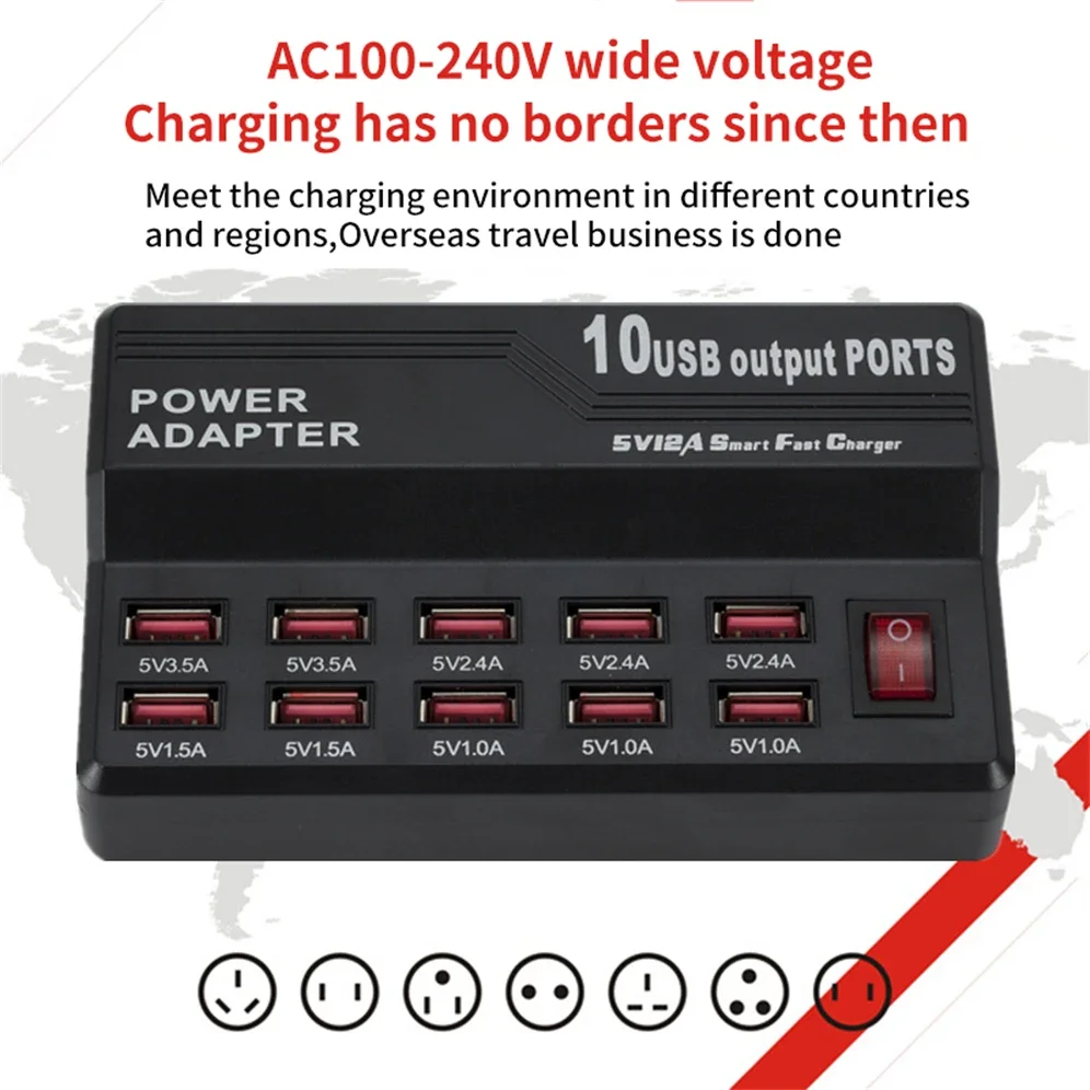 GRWIBEOU Multi 10 USB Power Fast Charge Station Port Charger For IPhone 14 13 12 11 Plus IPad LG Samsung Huawei Charger Socket