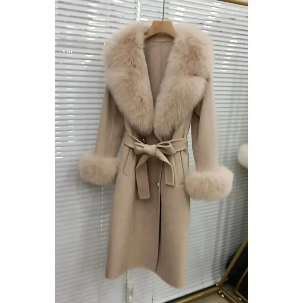 Nuovo cappotto lungo in misto lana e cashmere da donna 2024 cintura doppio petto capispalla polsino vera pelliccia di volpe giacca invernale moda