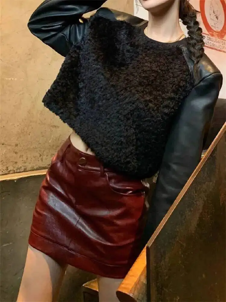 

Women's PU Leater Skirts 2026 Spring Winter Plus Size Retro High Waisted PU Leather Mini Skirt Sexy Y2K Bodycon Skirt Slimming