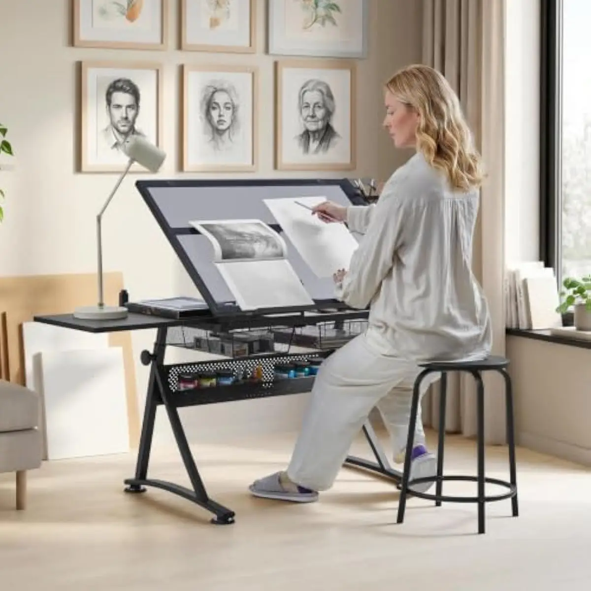 Adjustable Glass Drafting Desk with 0-40° Tilt Mechanism, Powder-Coated Steel Frame, Tempered Glass Surface, Rectangular Modern